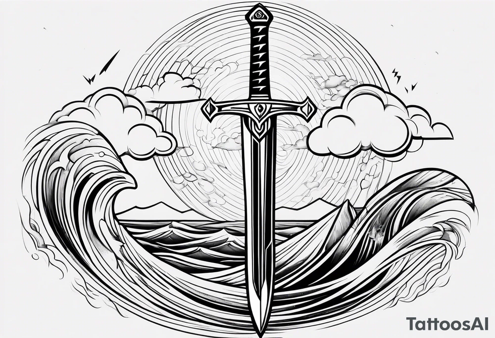 Line art, sword, lightning bolt and waves tattoo idea