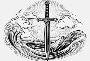 Line art, sword, lightning bolt and waves tattoo idea