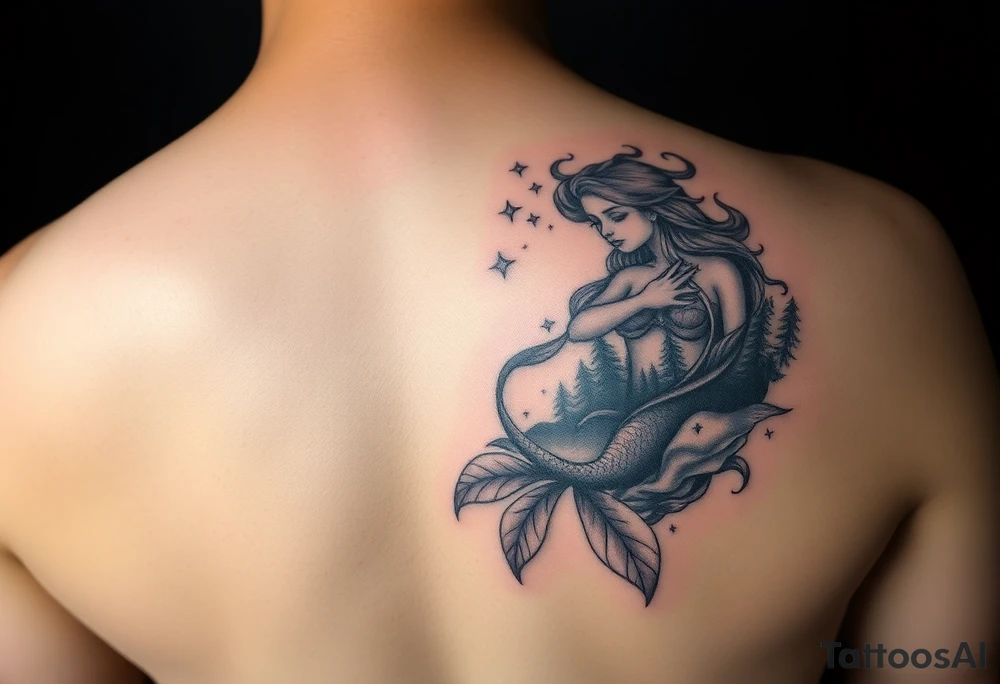 color tattoo on shoulder mermaid and forest around with starry sky tattoo idea