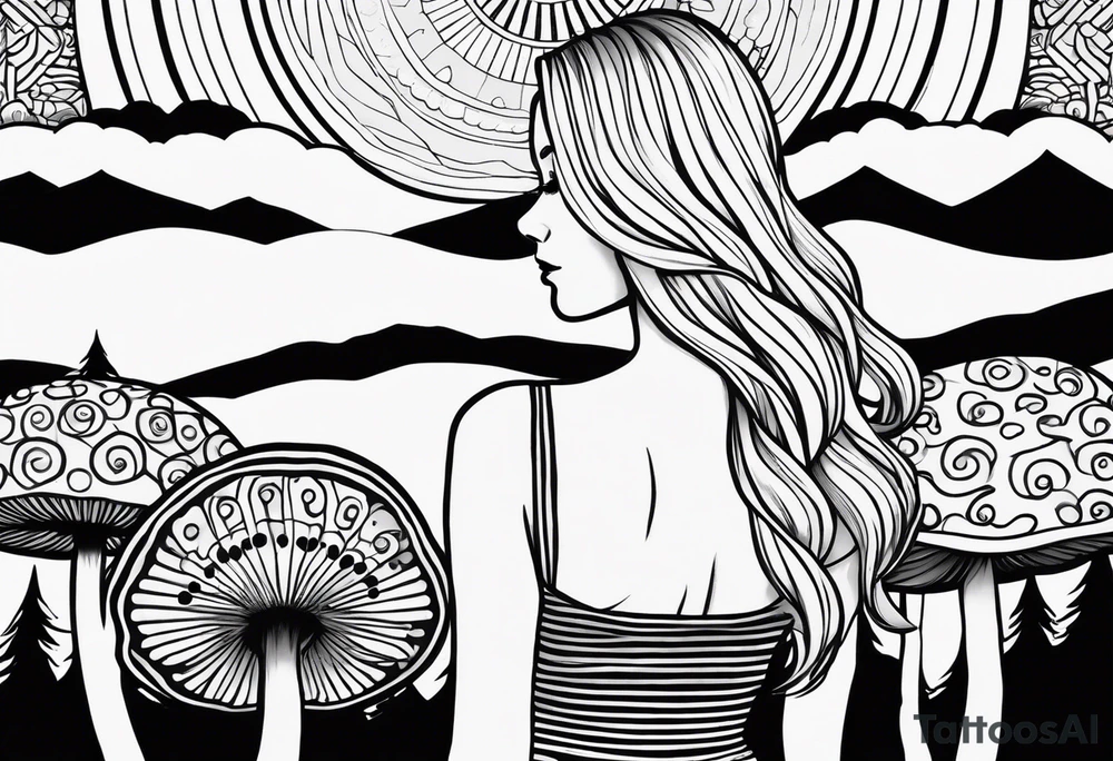 Straight blonde hair girl holding mushrooms in hand facing away toward mountains surrounded by mushrooms mandala circular design black and white striped dress tattoo idea