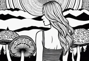 Straight blonde hair girl holding mushrooms in hand facing away toward mountains surrounded by mushrooms mandala circular design black and white striped dress tattoo idea