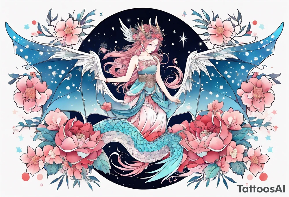 Constellation, wing , snow , cross , dragon female japan kawaii , flower tattoo idea