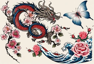 Japanese floral cherry blossom and irezumi back ground filler for traditional Chinese dragon and great waves and rose and butterfly tattoo tattoo idea