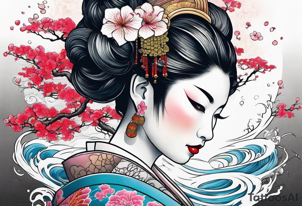 geisha girl that turns into a Japanese waterfall tattoo idea