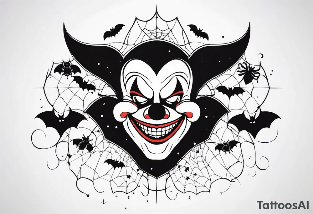 penny wise the clown
face on a floating balloon with spiders crawling on the balloon and bats flying around tattoo idea