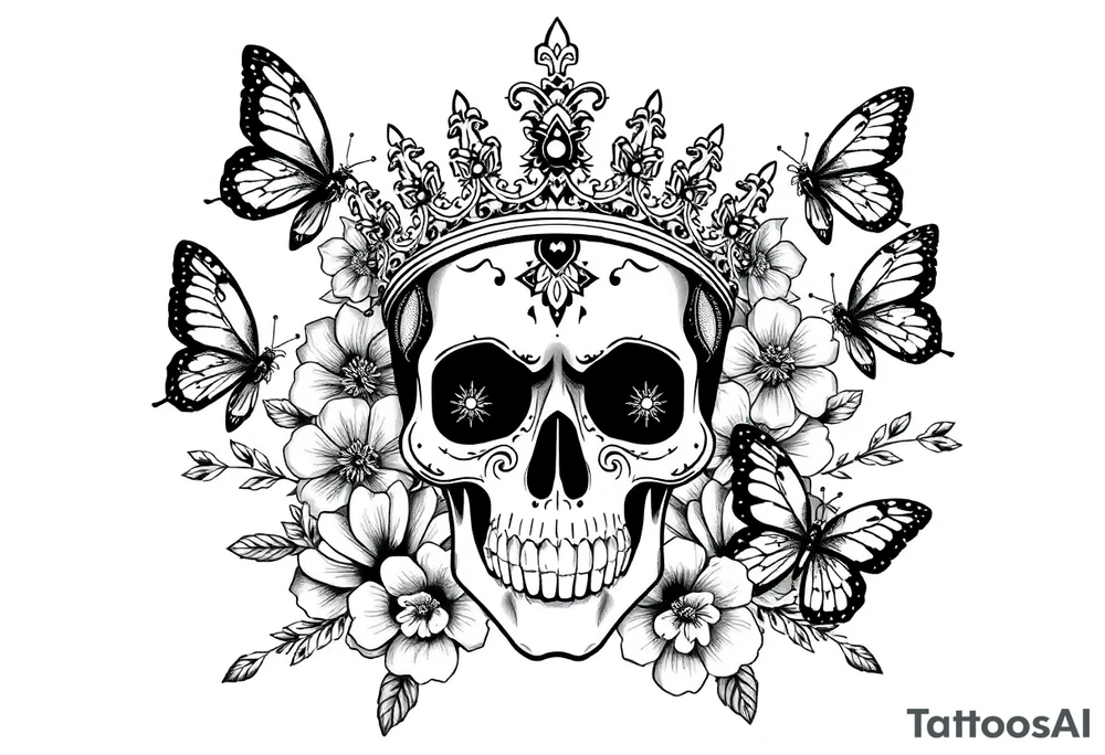 ornate skull adorned with gorgeous crown surrounded by boho flowers and butterflies tattoo idea