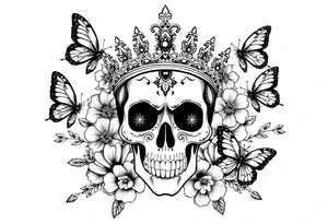 ornate skull adorned with gorgeous crown surrounded by boho flowers and butterflies tattoo idea