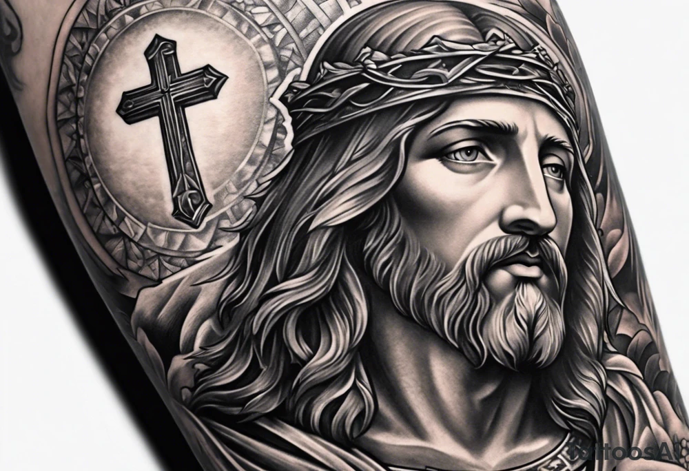 relegious sleeve with jesus and a cross with a bible verse tattoo idea