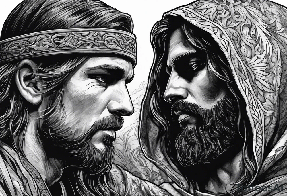 A solider face to face with death with Jesus over his shoulder tattoo idea