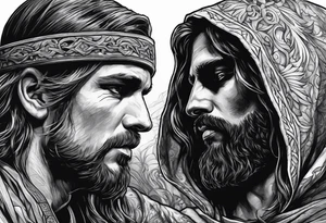A solider face to face with death with Jesus over his shoulder tattoo idea