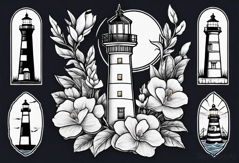 American traditional tattoo of a light house bordered by magnolia flowers and rope. Behind the light house is a periwinkle blue cancer ribbon tattoo idea