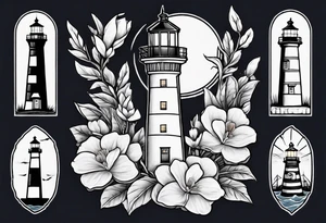 American traditional tattoo of a light house bordered by magnolia flowers and rope. Behind the light house is a periwinkle blue cancer ribbon tattoo idea