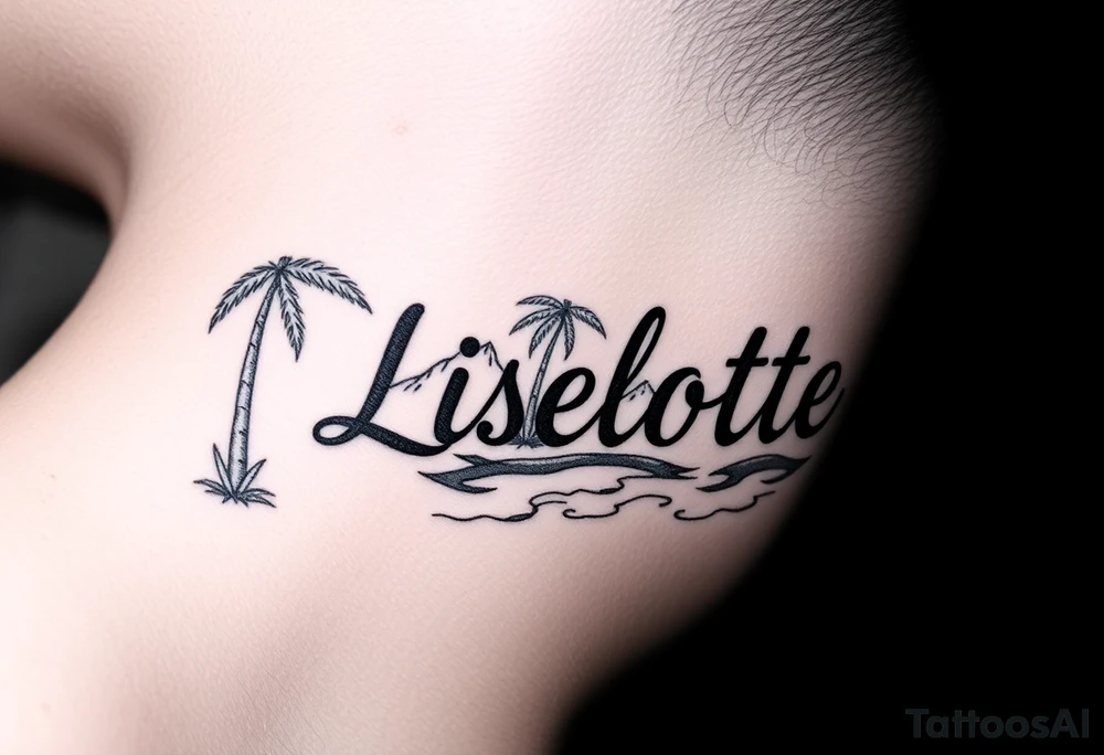 The name Liselotte surrounded by tropical scenery tattoo idea