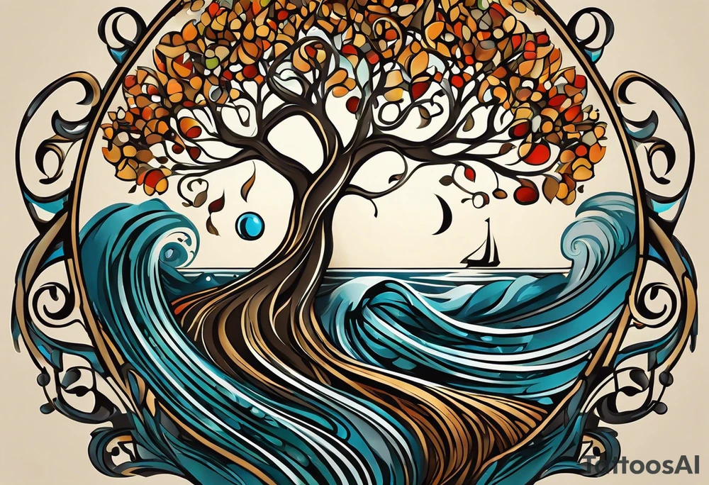 A tattoo design that incorporates the following elements: an abstract tree of life that has roots emerging  from the ground. Waves of water encapsulate the tree and wind around it in an organic way.  Incorporate music.   the letters U and A are overlapping and engraved into the tree. The game of golf incorporated but not prominent. tattoo idea
