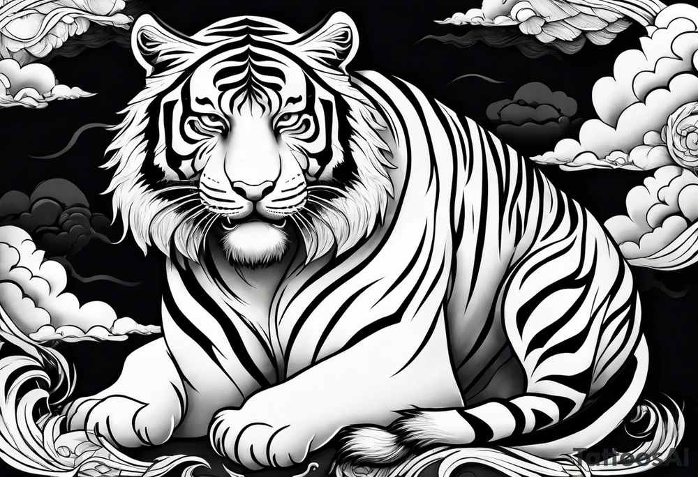 tiger with a full body not just its head with its body twisting clouds around tattoo idea