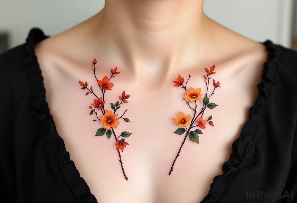 Two separate collarbone tattoos of long, stems and branches covered with red, orange, yellow and dark forest green leaves and flowers, fall themed, muted, delicate and gentle but moody, long and thin, following the collarbone. More muted, not so bright tattoo idea