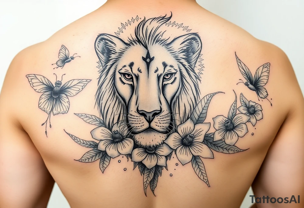 a lioness with frangapanis and fairys tattoo idea
