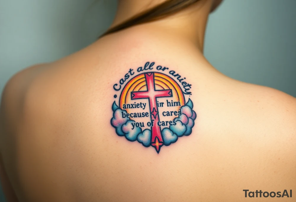 cast all your anxiety on him because he cares for you"  surrounded with clouds and cross tattoo idea