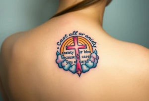 cast all your anxiety on him because he cares for you"  surrounded with clouds and cross tattoo idea