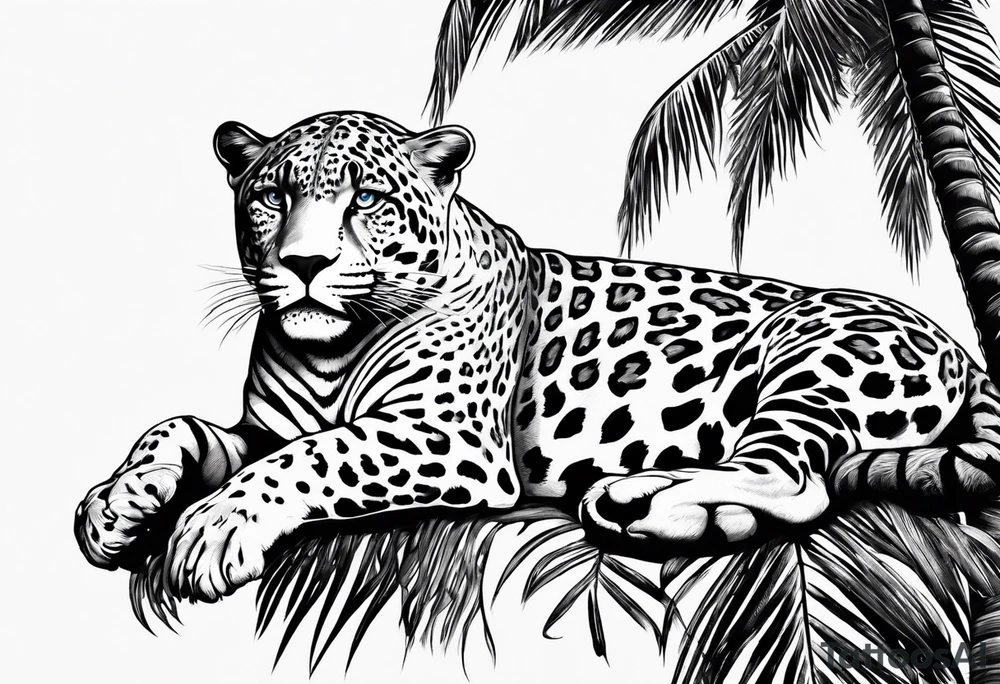 jaguar laying on palm tree tattoo idea