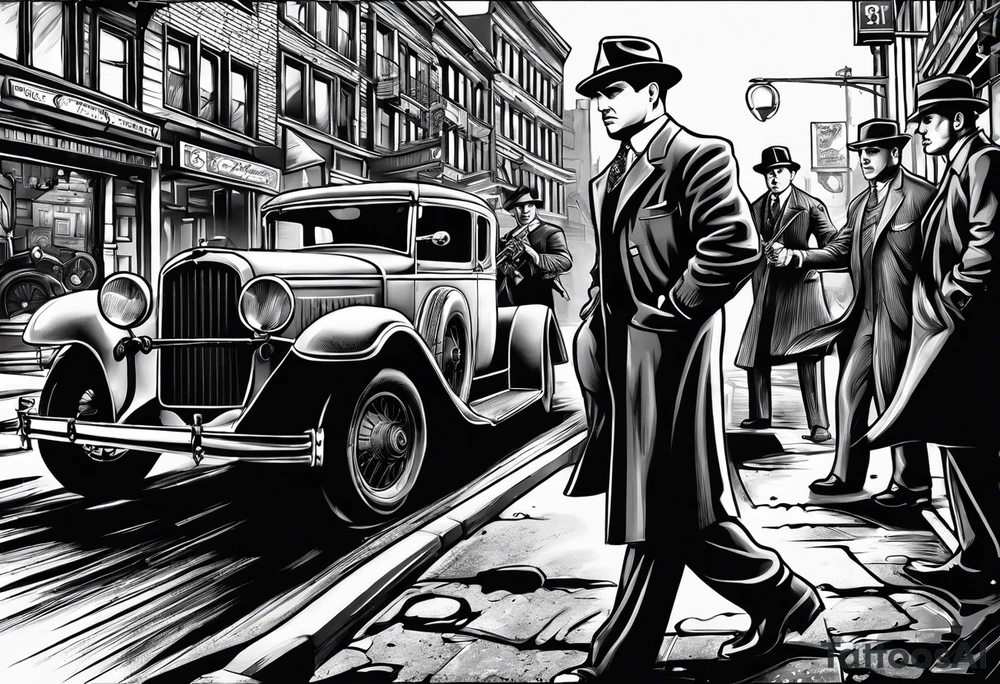 untouchables style gangsters fighting on a 1930s city street, Al capone, bugsy segal, bonnie and clyde, include machine guns, smoke and fire tattoo idea