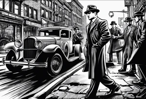 untouchables style gangsters fighting on a 1930s city street, Al capone, bugsy segal, bonnie and clyde, include machine guns, smoke and fire tattoo idea