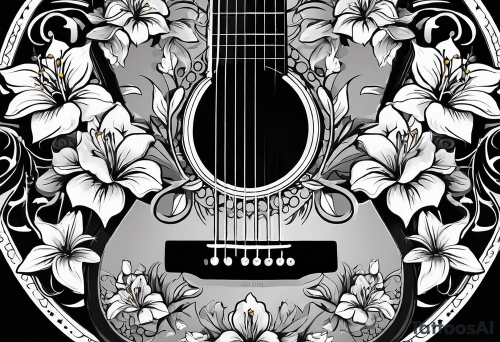 basic black acoustic guitar wrapped with lilies around the neck, with a simple black star on the guitar body. meant for the inside of a woman's bicep tattoo idea