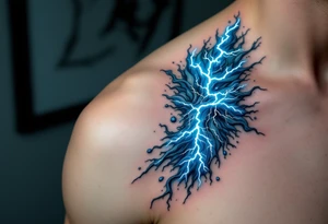 A surreal Aquarius formed by merging water and electricity, crackling with blue and white lightning. tattoo idea