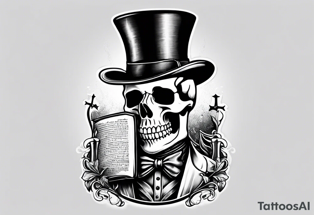 skeleton wearing a top hat holding a bible tattoo idea