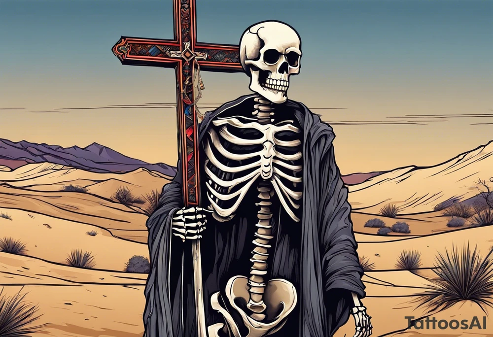 skeleton walking with a cross in a desert tattoo idea