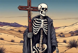 skeleton walking with a cross in a desert tattoo idea