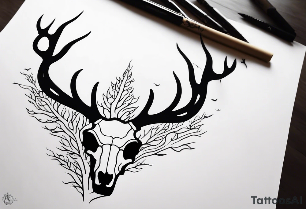 side view of a deer skull and neck JUST BONE surrounded by a flames and trees tattoo idea