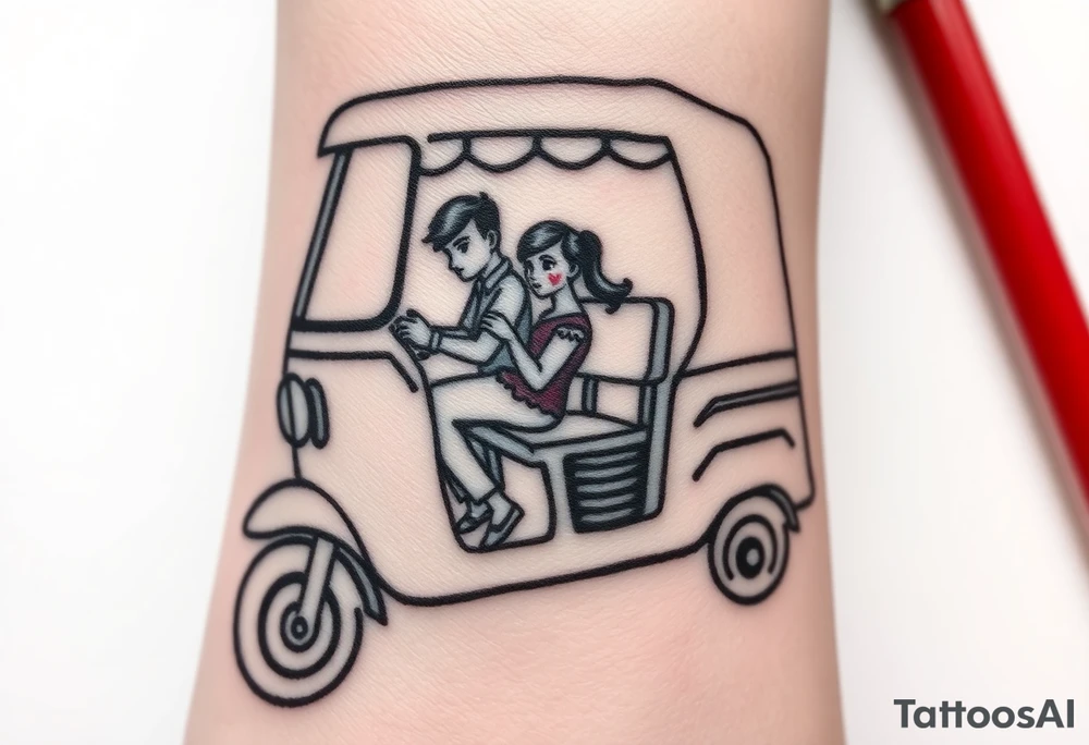 Create a simple tuk tuk. Add a boy and a girl in the vehicle. Add a heart. tattoo idea