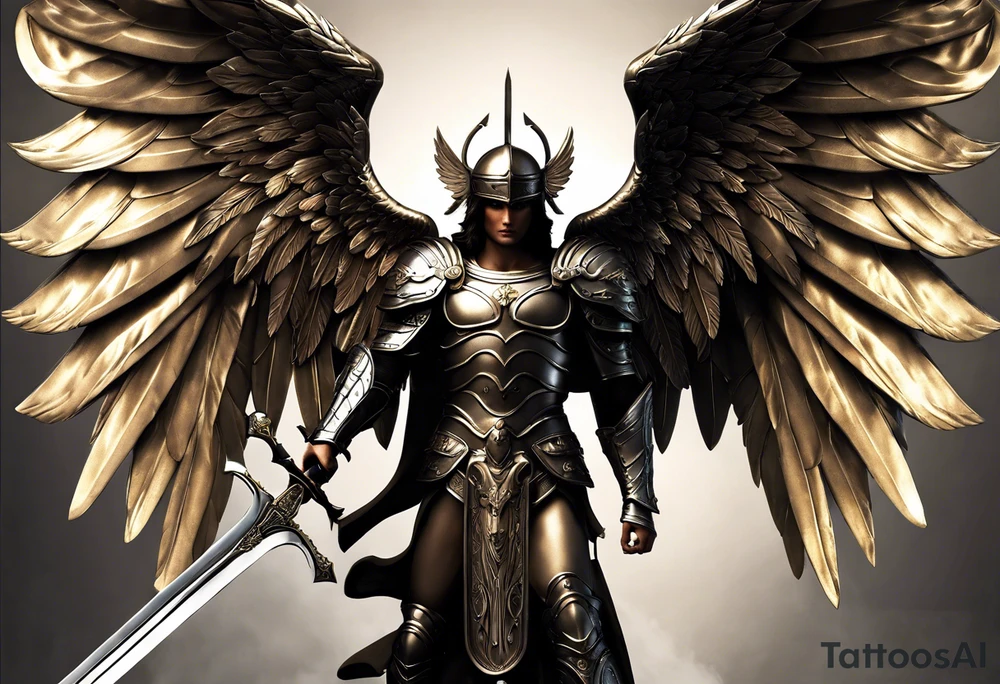 **Tattoo Design: Archangel Michael**

- **Central Theme**: Archangel Michael, majestic and powerful, stands ready with a raised sword, prepared to battle evil.
- **Appearance**: The figure of Archangel Michael depicted in full angelic armor, with majestic wings spread wide.
- **Expression**: His stance conveys strength, courage, and determination in defense of good.
- **Details**: Focus on intricate details such as facial features, armor embellishments, and the raised sword.
- **Background**: May be stylized as celestial, with rays of light or clouds, accentuating the divine presence of Archangel Michael.
- **Placement**: Intended for placement on the chosen body area, with the option to adjust the size according to personal preferences. tattoo idea