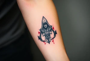 Assassins Creed emblem with Ezio hooded character with blood splashes and weapons tattoo idea