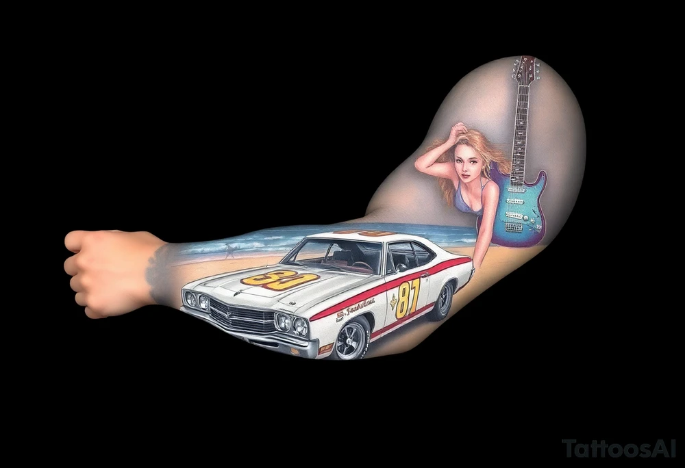 I want a sleeve that starts with a beach with dale Earnhardt car on the beach with a hot blonde 80’s girl with big hair on the hood. Then an ocean with big waves then a big dark sky with the Milky Way in it and Jimi Hendrix Stratocaster in the sky tattoo idea