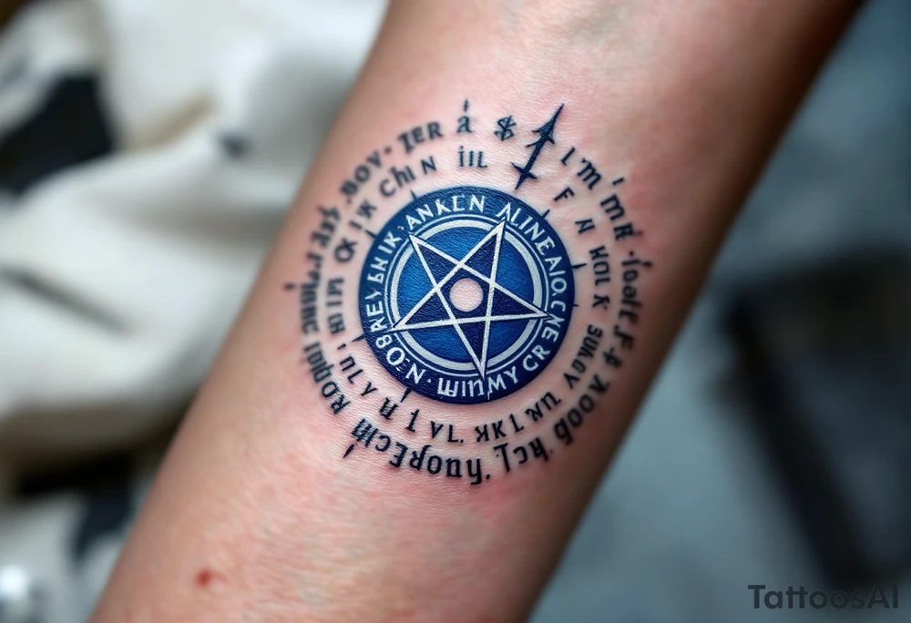 A deep blue pentacle encircled by ancient runes, glowing subtly with silver highlights. tattoo idea