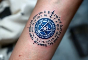 A deep blue pentacle encircled by ancient runes, glowing subtly with silver highlights. tattoo idea