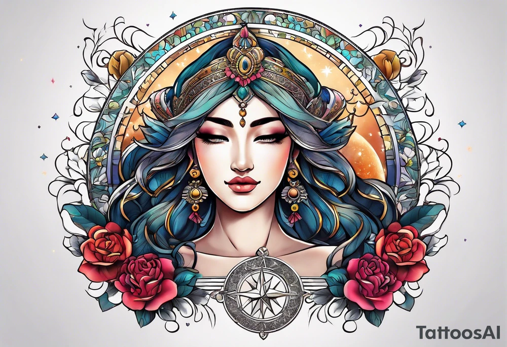 Half moon with beautiful zodiac background tattoo idea