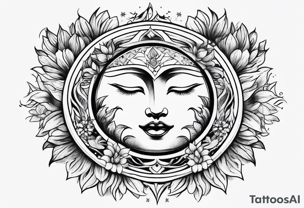 sun moon floral no shading or shadowing tattoo idea