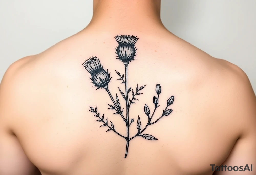small botanical drawing of scottish thistle, olive branch/olive, and cat nip for a wrap around wrist tattoo as one plant tattoo idea