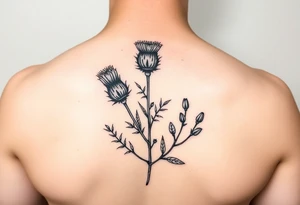 small botanical drawing of scottish thistle, olive branch/olive, and cat nip for a wrap around wrist tattoo as one plant tattoo idea