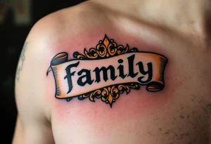 Family Banner Tattoo – The word "family" across a scroll banner, with gold and black shading for an old-fashioned, royal design. tattoo idea