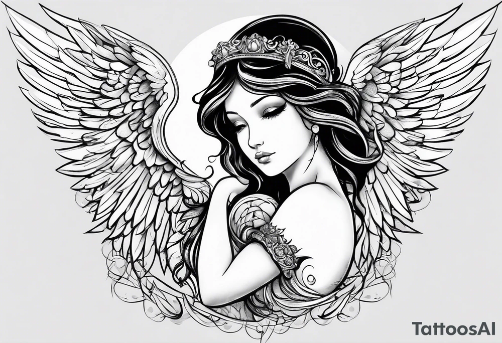 small angel with wings and heart on hands tattoo idea