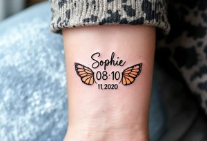 Sophie 08 10. 2020 – Soft peach and coral tones around Sophia's birthdate, adorned with butterfly wings and small gold sparkles. tattoo idea