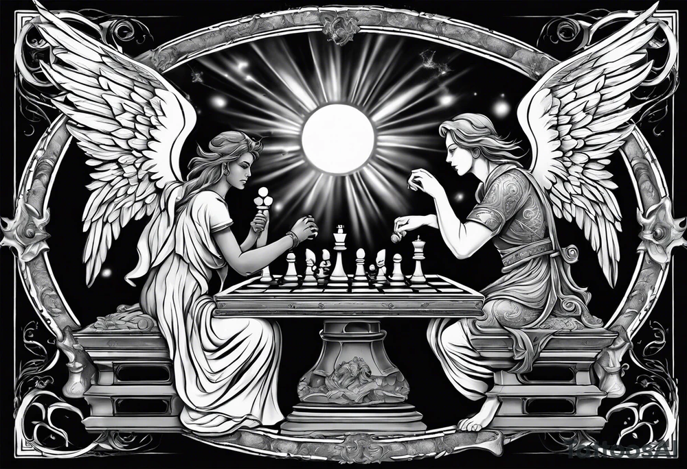 Depict an angel and demon playing chess on a board that morphs from celestial clouds to fiery inferno, representing the merging of the spiritual realms in the eternal game. tattoo idea