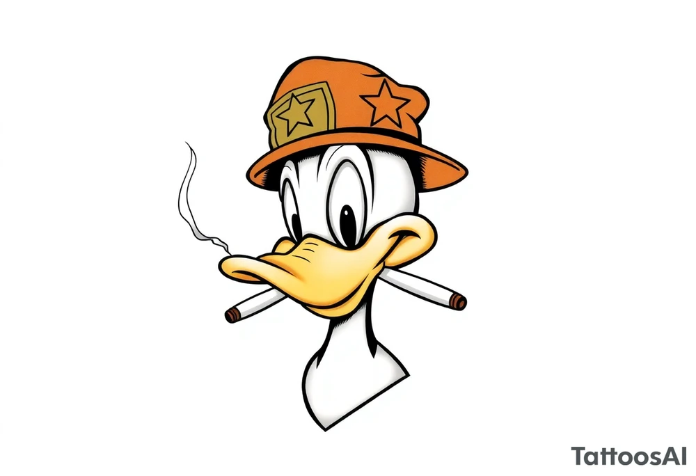 Daffy duck  smoking a rolled cigarette with a Vietnam veteran hat on and make his eyes stoned and chill looking tattoo idea