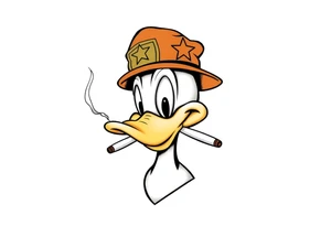 Daffy duck  smoking a rolled cigarette with a Vietnam veteran hat on and make his eyes stoned and chill looking tattoo idea