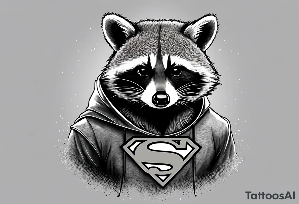 raccoon wearing a Superman hoodie with classic Superman logo tattoo idea
