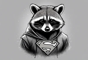 raccoon wearing a Superman hoodie with classic Superman logo tattoo idea